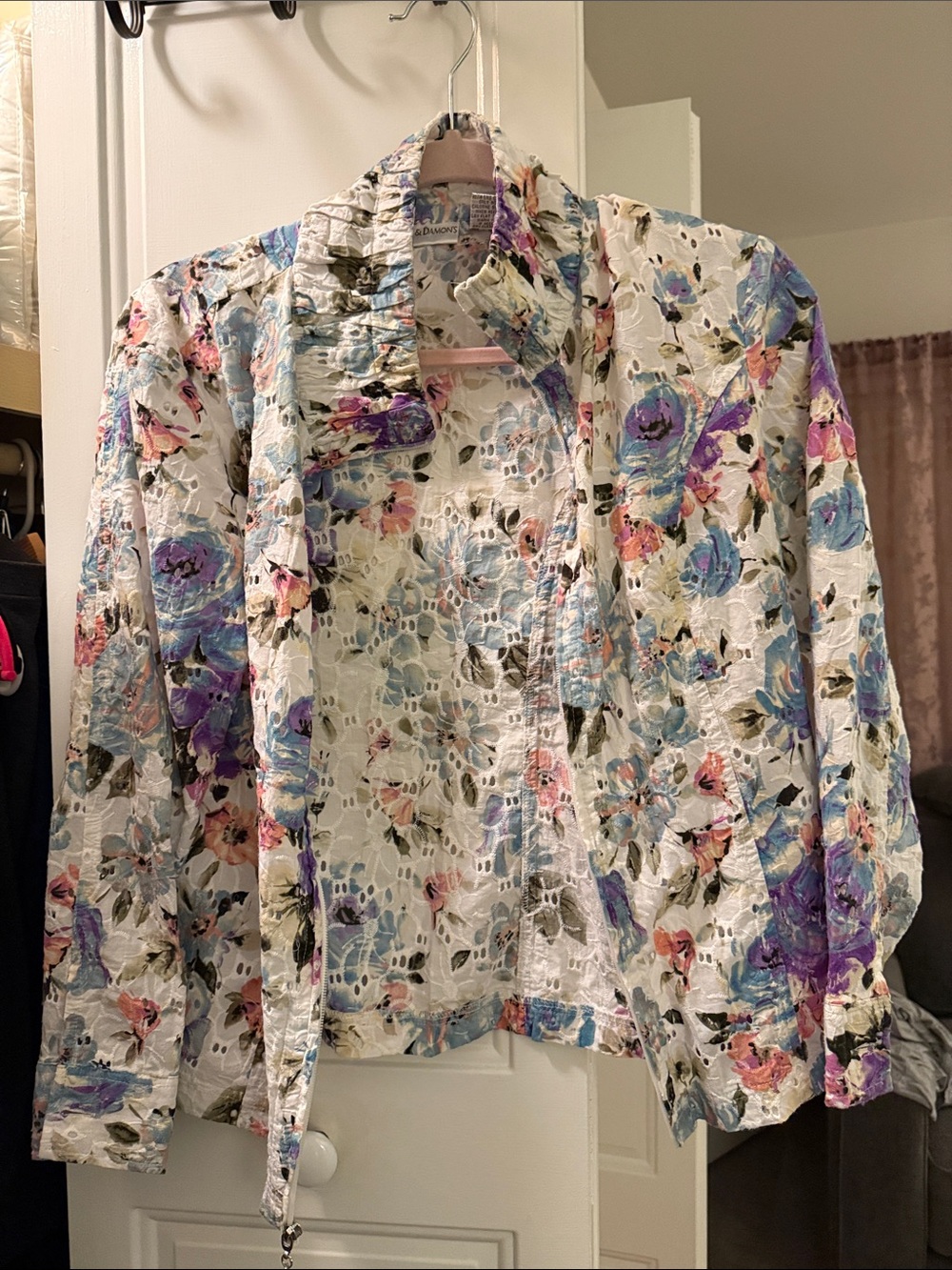 Women’s Floral Lace Overlay Jacket - White with Blue & Purple Florals